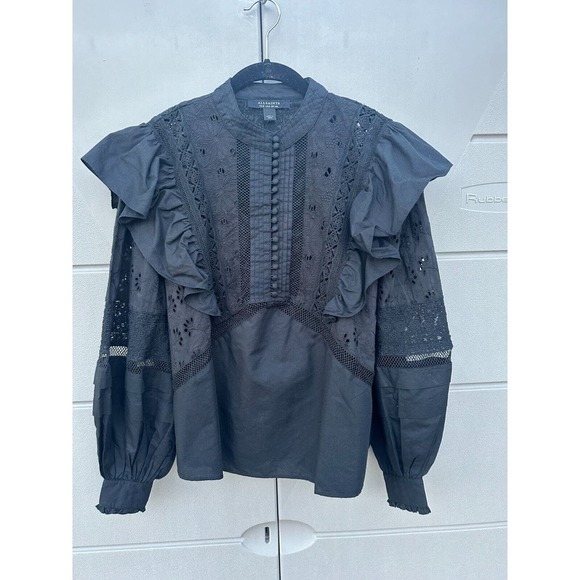 AllSaints Black Prim Broderie Eyelet Ruffled Bubble Sleeves Top Size 4 - Picture 2 of 15
